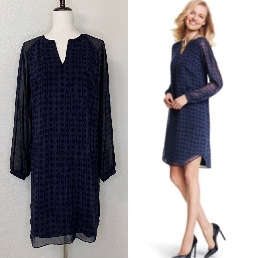 CAbi Harlequin Purple Shirtdress Black Diamond Print Sheer Sheath Dress